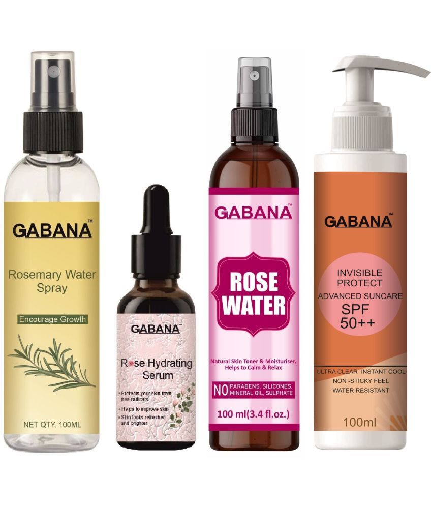     			Gabana Beauty Natural Rosemary Water | Hair Spray For Regrowth 100ml, Rose Hydrating Face Serum 30ml, Natural Rose Water 100ml & Advance Sunscreen with SPF 50++ 100ml - Set of 4 Items