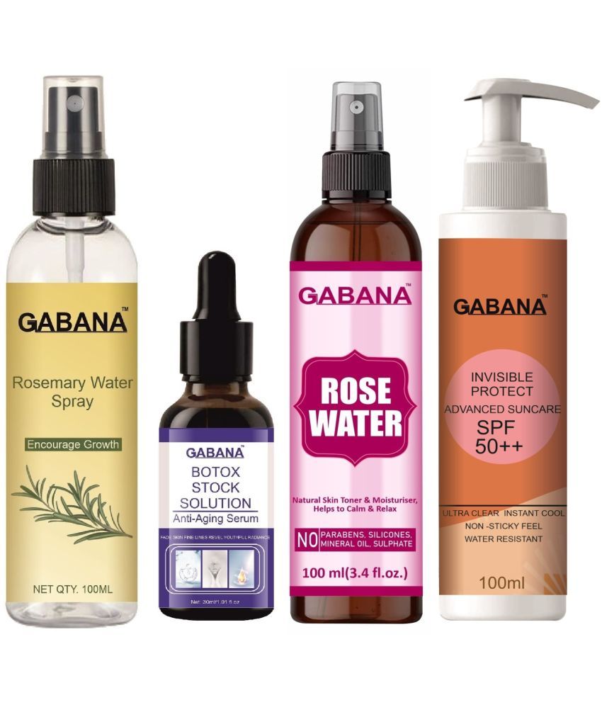     			Gabana Beauty Natural Rosemary Water | Hair Spray For Regrowth 100ml, Botox Stock Solution Anti Ageing Serum 30ml, Natural Rose Water 100ml & Advance Sunscreen with SPF 50++ 100ml - Set of 4 Items