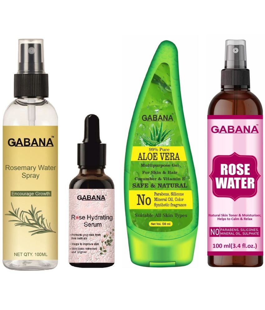     			Gabana Natural Rosemary Water | Hair Spray For Regrowth 100ml, Rose Hydrating Face Serum 30ml, Aloe Vera Face Gel 130ml & Natural Rose Water 100ml - Set of 4 Items