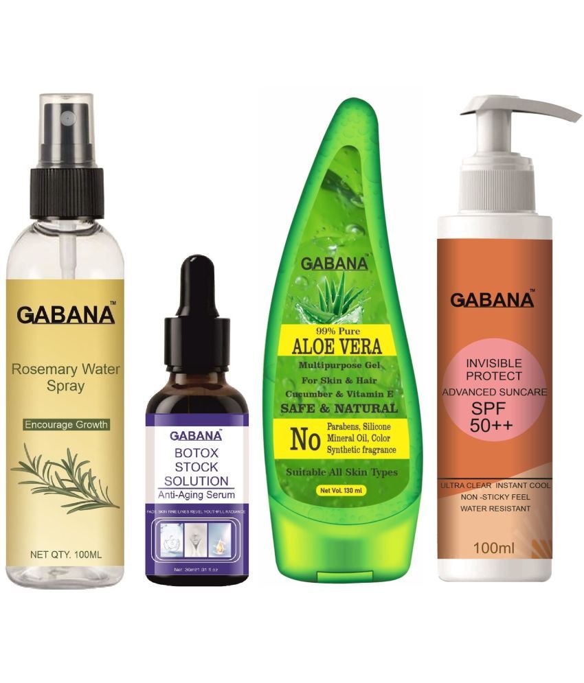     			Gabana Natural Rosemary Water | Hair Spray For Regrowth 100ml, Botox Stock Solution Anti Ageing Serum 30ml, Aloe Vera Face Gel 130ml & Advance Sunscreen with SPF 50++ 100ml - Set of 4 Items