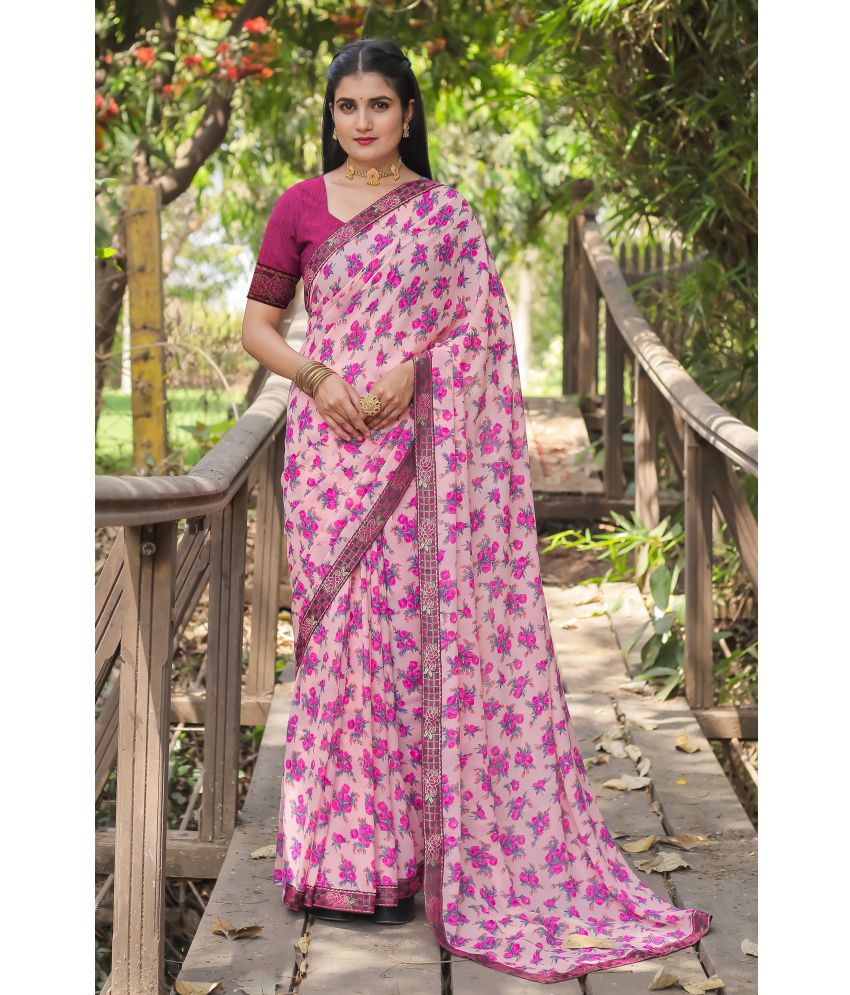     			Kanooda Prints Georgette Printed Saree With Blouse Piece - Pink ( Pack of 1 )