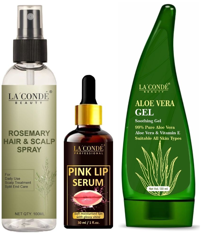     			La'Conde Beauty Natural Rosemary Water | Hair Spray For Regrowth 100ml, Pink Lip Serum for Deep Moisturising 30ml & Natural Aloe Vera Gel 130ml - Set of 3 Items