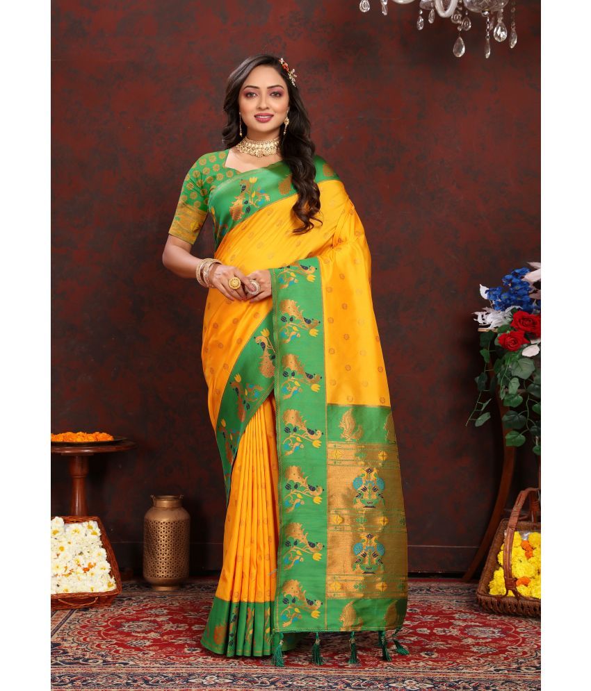     			OFLINE SELCTION Silk Blend Woven Saree With Blouse Piece - Yellow ( Pack of 1 )