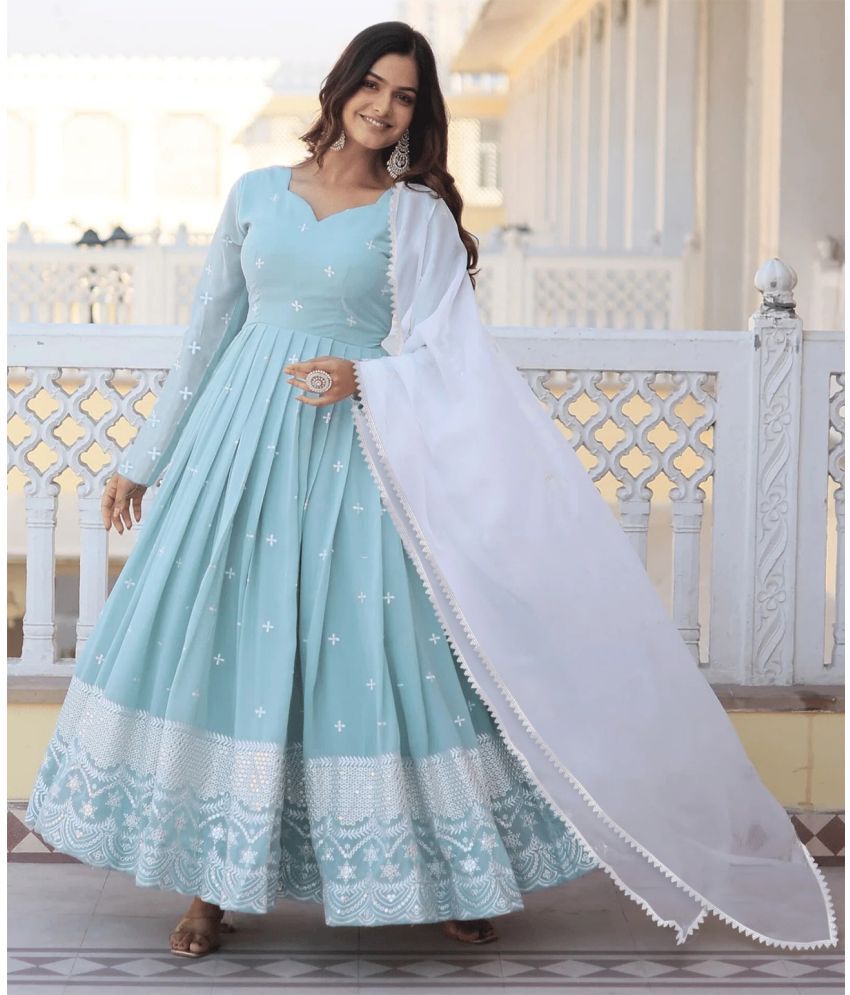     			Trijal Fab Turquoise Anarkali Georgette Women's Stitched Ethnic Gown ( Pack of 1 )