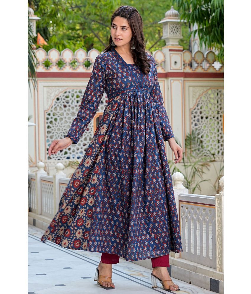     			Vbuyz Cotton Printed Anarkali Women's Kurti - Blue ( Pack of 1 )