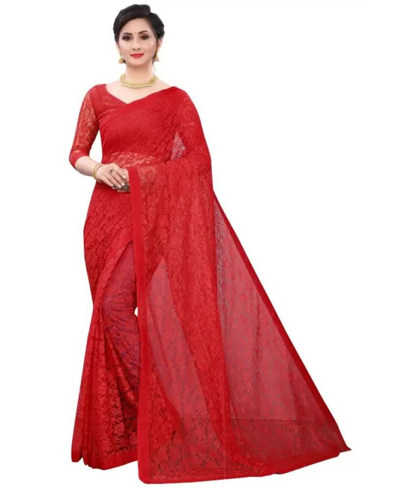     			Vkaran Net Cut Outs Saree With Blouse Piece - Red ( Pack of 1 )