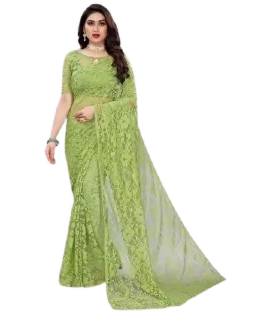     			Vkaran Net Cut Outs Saree With Blouse Piece - light Green ( Pack of 1 )