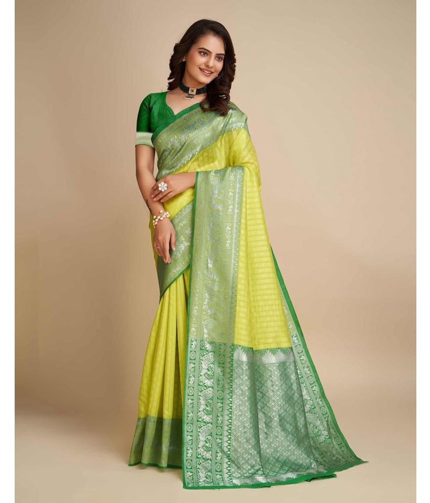     			YUG ART Banarasi Silk Embellished Saree With Blouse Piece - Yellow,Green ( Pack of 1 )