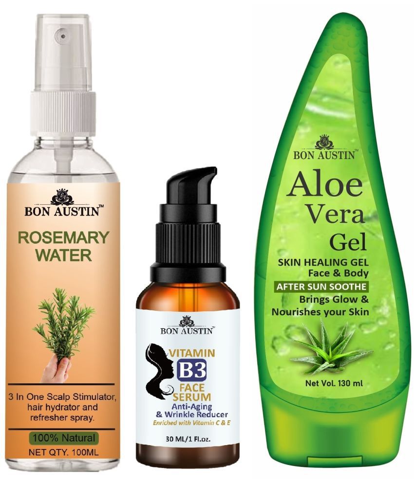     			Bon Austin Natural Rosemary Water | Hair Spray For Regrowth | Hair Growth Expert (100ml), Vitamin B3 Face Serum 30ML & Aloe Vera Face Gel 130ML - Set of 3 Items