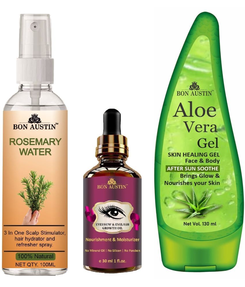     			Bon Austin Natural Rosemary Water | Hair Spray For Regrowth | Hair Growth Expert (100ml), Eyebrow and Eyelash Growth Oil 30ML & Aloe Vera Face Gel 130ML - Set of 3 Items