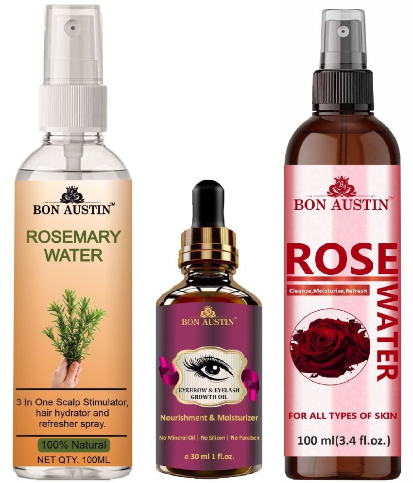     			Bon Austin Natural Rosemary Water | Hair Spray For Regrowth (100ml), Eyebrow and Eyelash Growth Oil 30ML & Natural Rose Water 100ml - Set of 3 Items