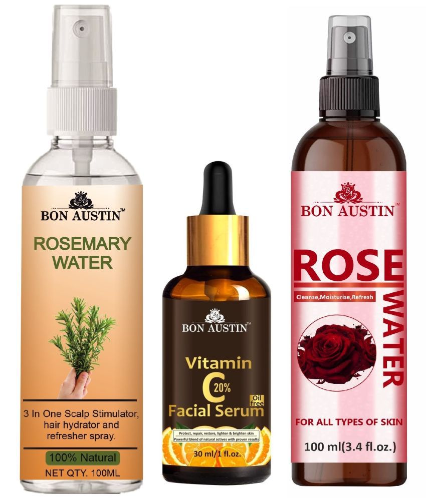     			Bon Austin Natural Rosemary Water | Hair Spray For Regrowth (100ml), Vitamin C20% Face Serum (30ML) & Natural Rose Water 100ml - Set of 3 Items