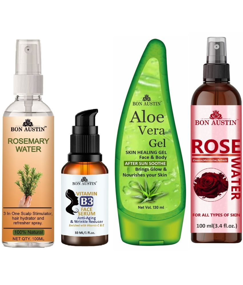     			Bon Austin Rosemary Water Hair Spray For Regrowth (100ml), Vitamin B3 Face Serum 30ML, Aloe Vera Face Gel 130ML & Natural Rose Water 100ml - Set of 4 Items