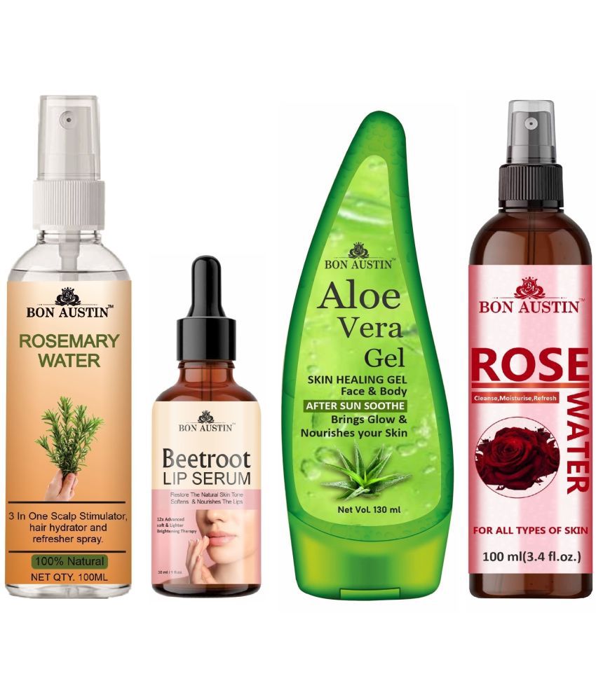     			Bon Austin Rosemary Water Hair Spray For Regrowth (100ml), Beetroot Lip Serum 30ML, Aloe Vera Face Gel 130ML & Natural Rose Water 100ml - Set of 4 Items