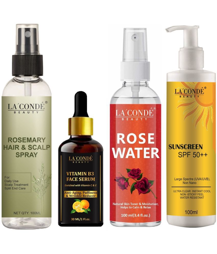     			La'Conde Beauty Rosemary Water | Hair Spray For Regrowth 100ml, Vitamin B3 Face Serum 30ml, Natural Rose Water 100ml & Sunscreen Cream with SPF50+ 100ml - Combo of 4