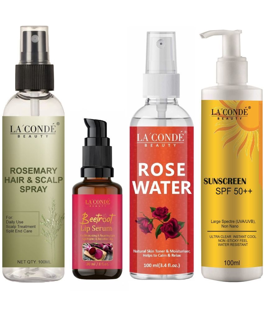     			La'Conde Beauty Rosemary Water | Hair Spray For Regrowth 100ml, Beetroot Lip Serum for Natural Skin Tone 30ml, Natural Rose Water 100ml & Sunscreen Cream with SPF50+ 100ml - Combo of 4