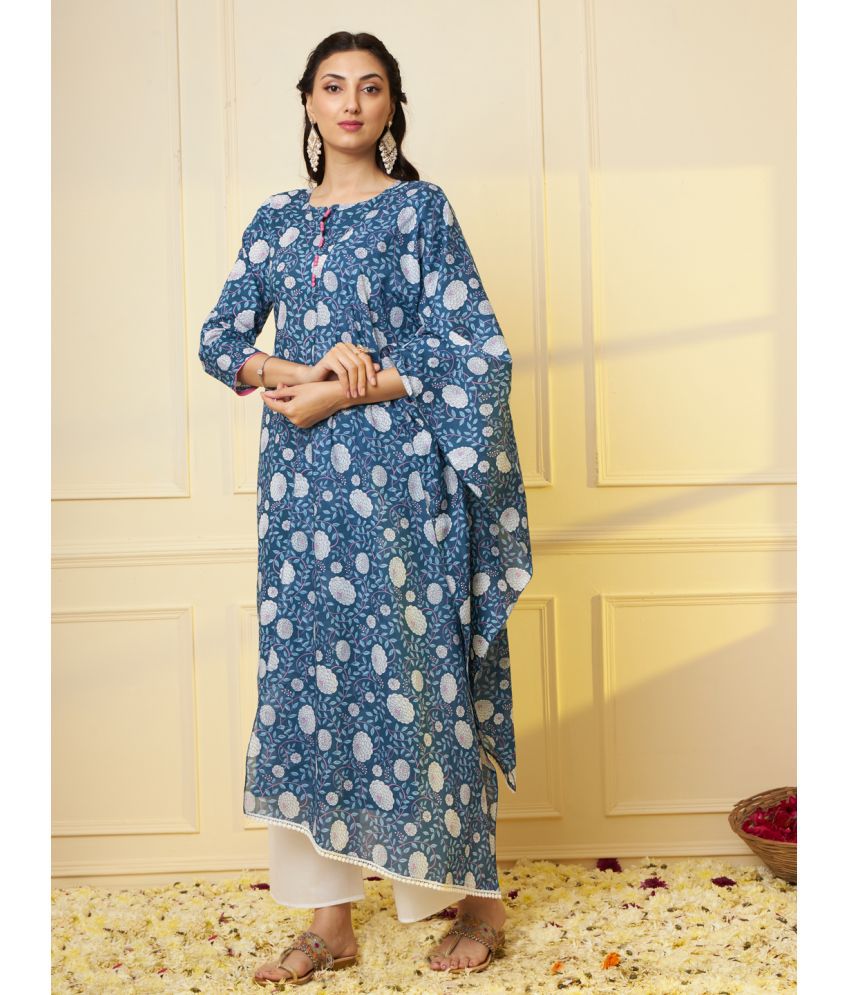     			Tissu Cotton Printed Kurti With Palazzo Women's Stitched Salwar Suit - Blue ( Pack of 1 )