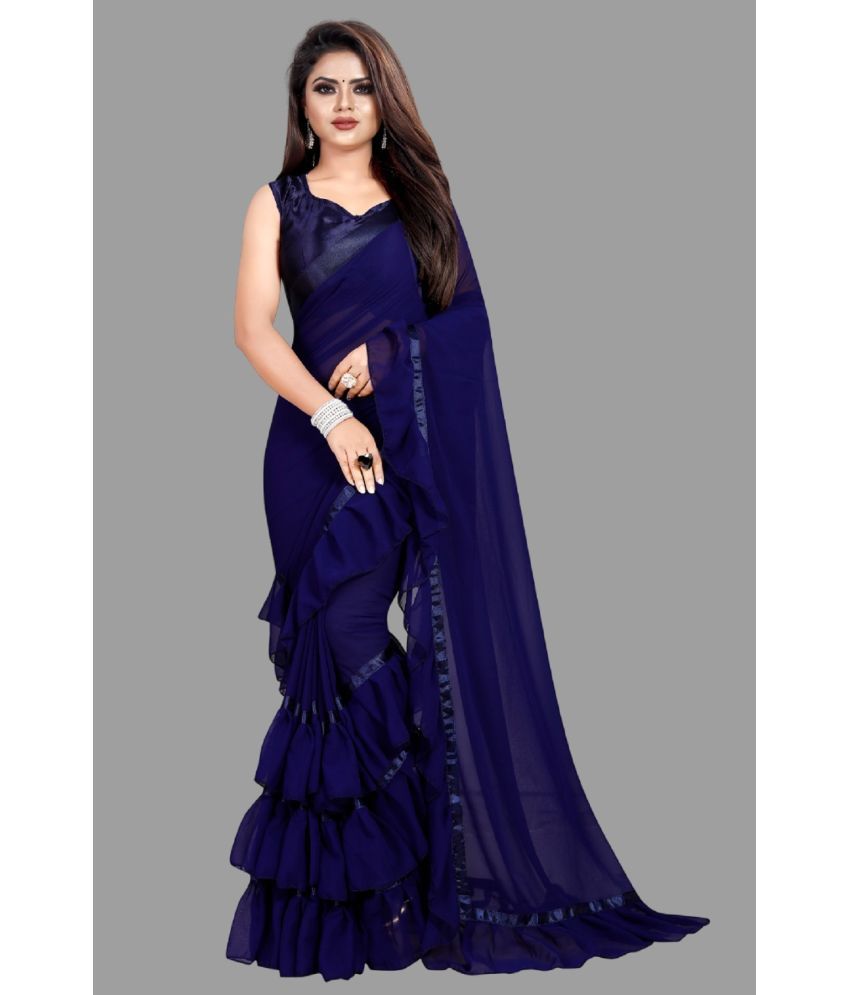     			A TO Z CART Georgette Solid Saree With Blouse Piece - Navy Blue ( Pack of 1 )