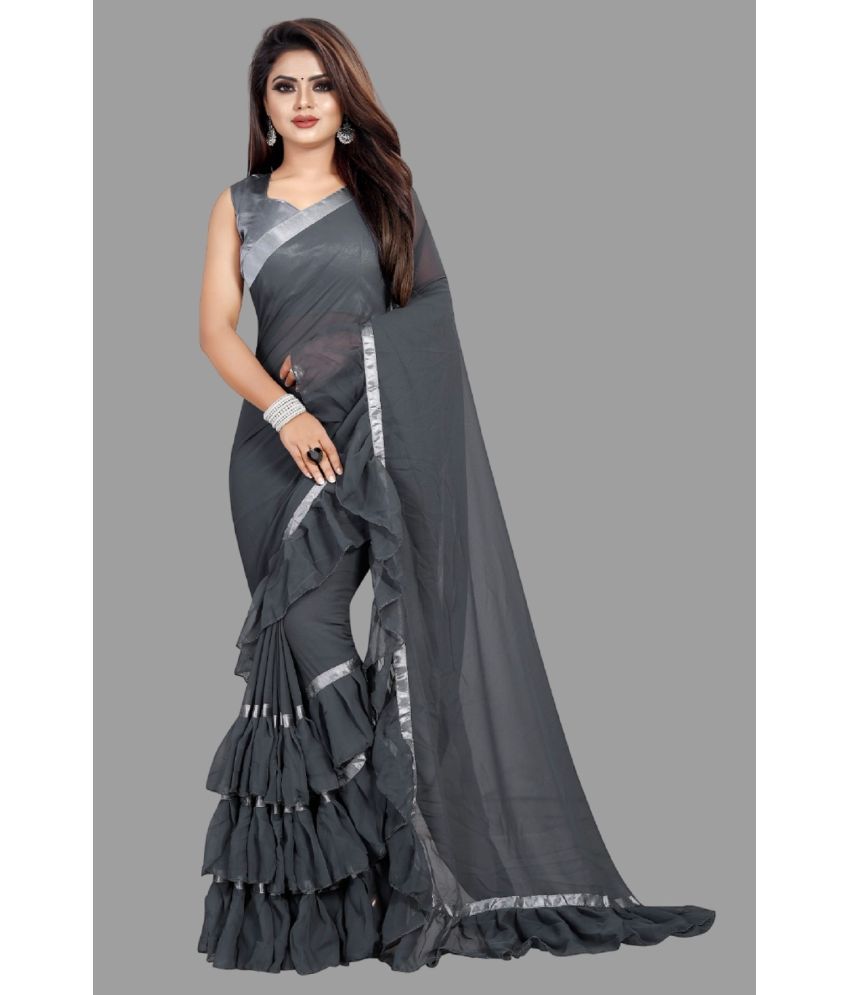     			Apnisha Georgette Solid Saree With Blouse Piece - Grey ( Pack of 1 )