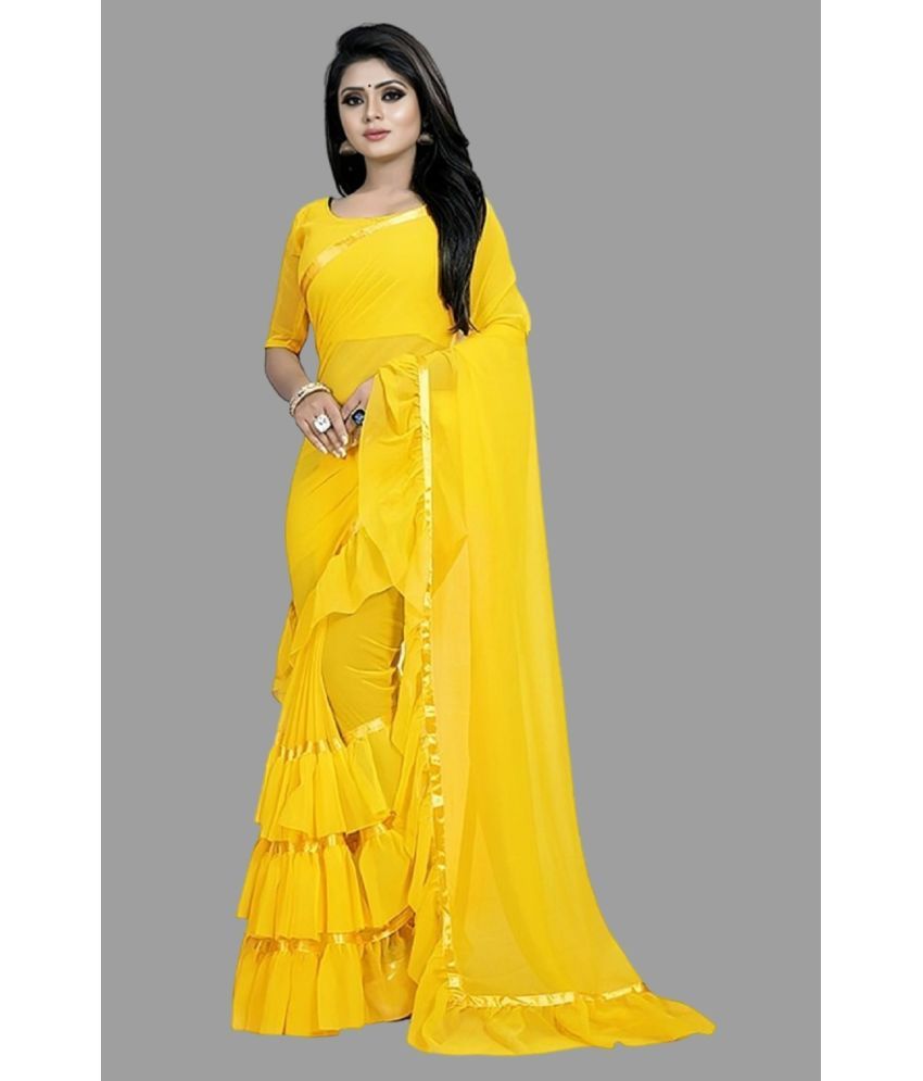     			Apnisha Georgette Solid Saree With Blouse Piece - Yellow ( Pack of 1 )