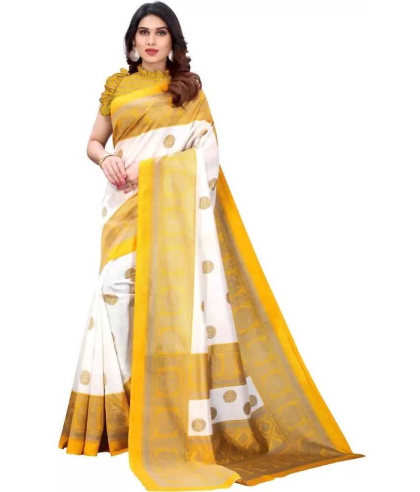     			Vkaran Cotton Silk Printed Saree With Blouse Piece - Yellow ( Pack of 1 )