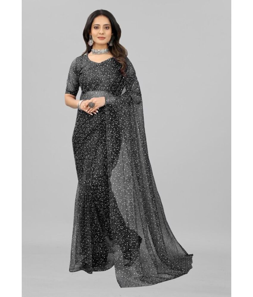     			Vkaran Net Solid Saree Without Blouse Piece - Black ( Pack of 1 )