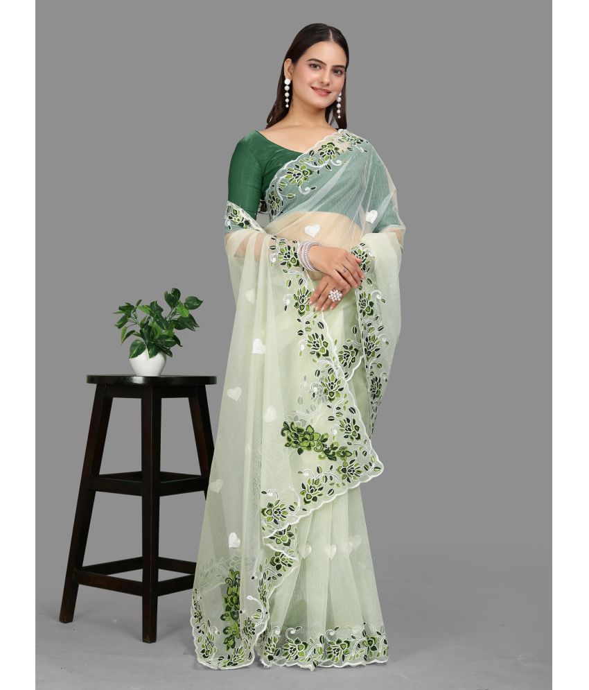     			A TO Z CART Net Embroidered Saree With Blouse Piece - Sea Green ( Pack of 1 )