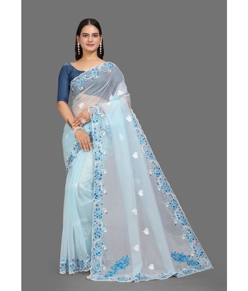     			A TO Z CART Net Embroidered Saree With Blouse Piece - SkyBlue ( Pack of 1 )