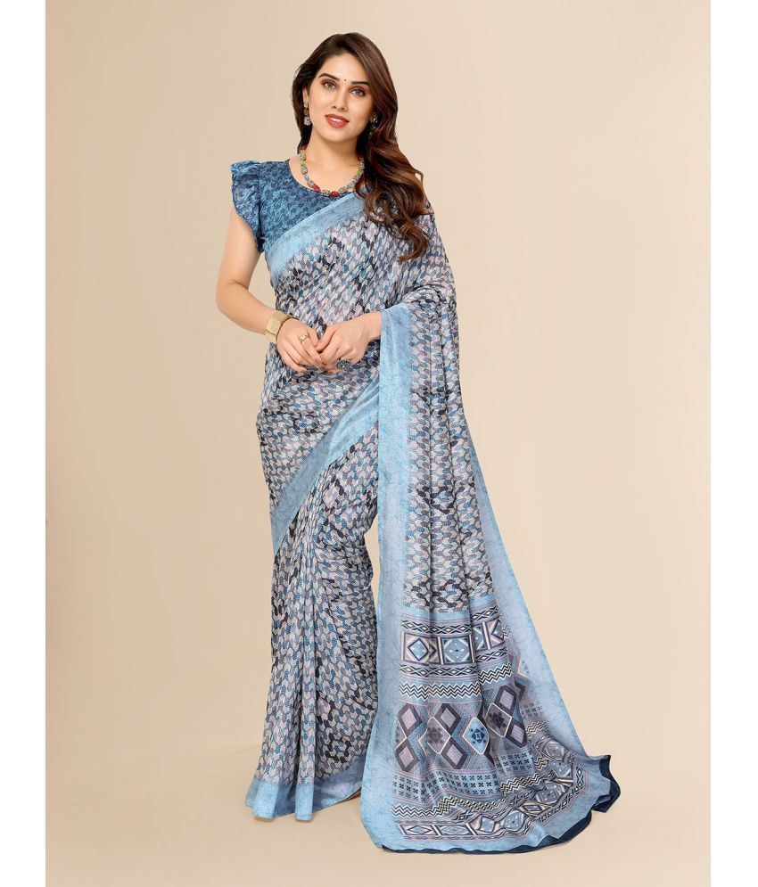     			ANAND SAREES Silk Blend Printed Saree With Blouse Piece - Blue ( Pack of 1 )