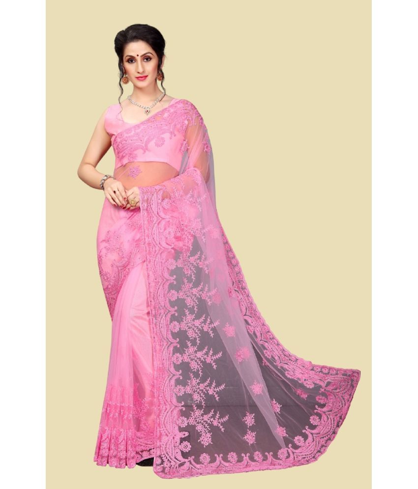     			Aika Net Embroidered Saree With Blouse Piece - Pink ( Pack of 1 )