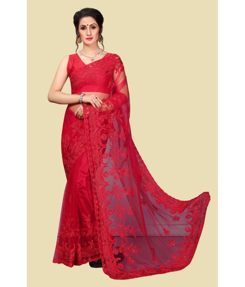     			Apnisha Net Embroidered Saree With Blouse Piece - Red ( Pack of 1 )