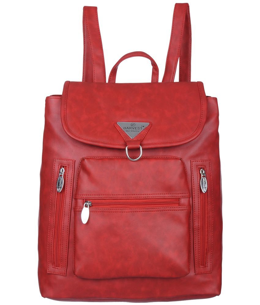     			HARVEST BAGS Maroon Faux Leather Backpack