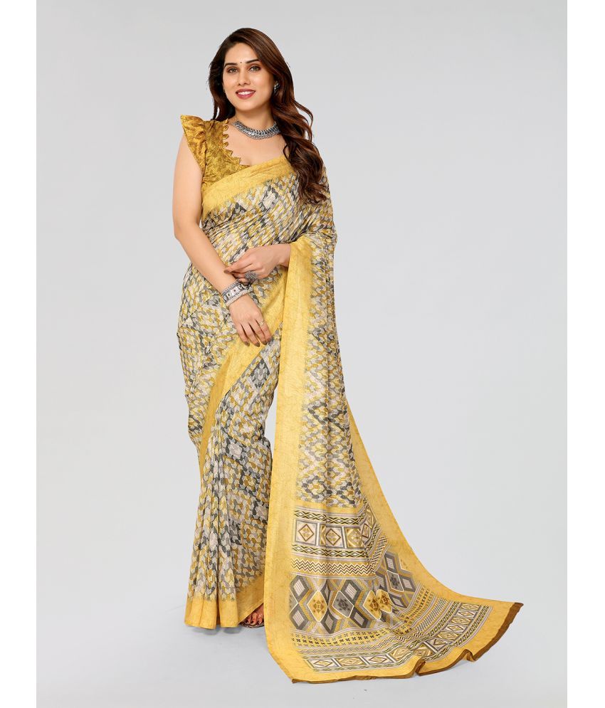     			Kashvi Sarees Silk Blend Printed Saree With Blouse Piece - Yellow ( Pack of 1 )