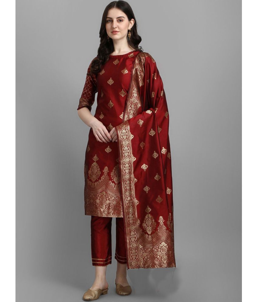     			Trijal Fab Banarasi Embellished Kurti With Pants Women's Stitched Salwar Suit - Maroon ( Pack of 1 )