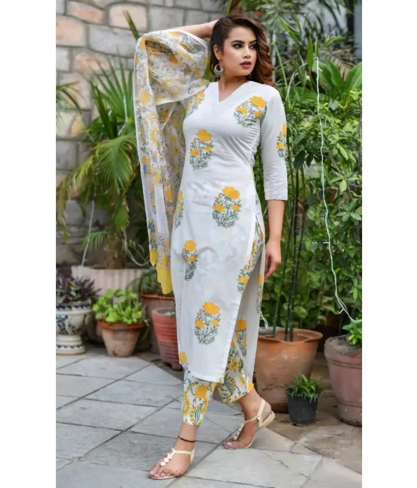     			Trijal Fab Cotton Blend Printed Kurti With Pants Women's Stitched Salwar Suit - Yellow ( Pack of 1 )