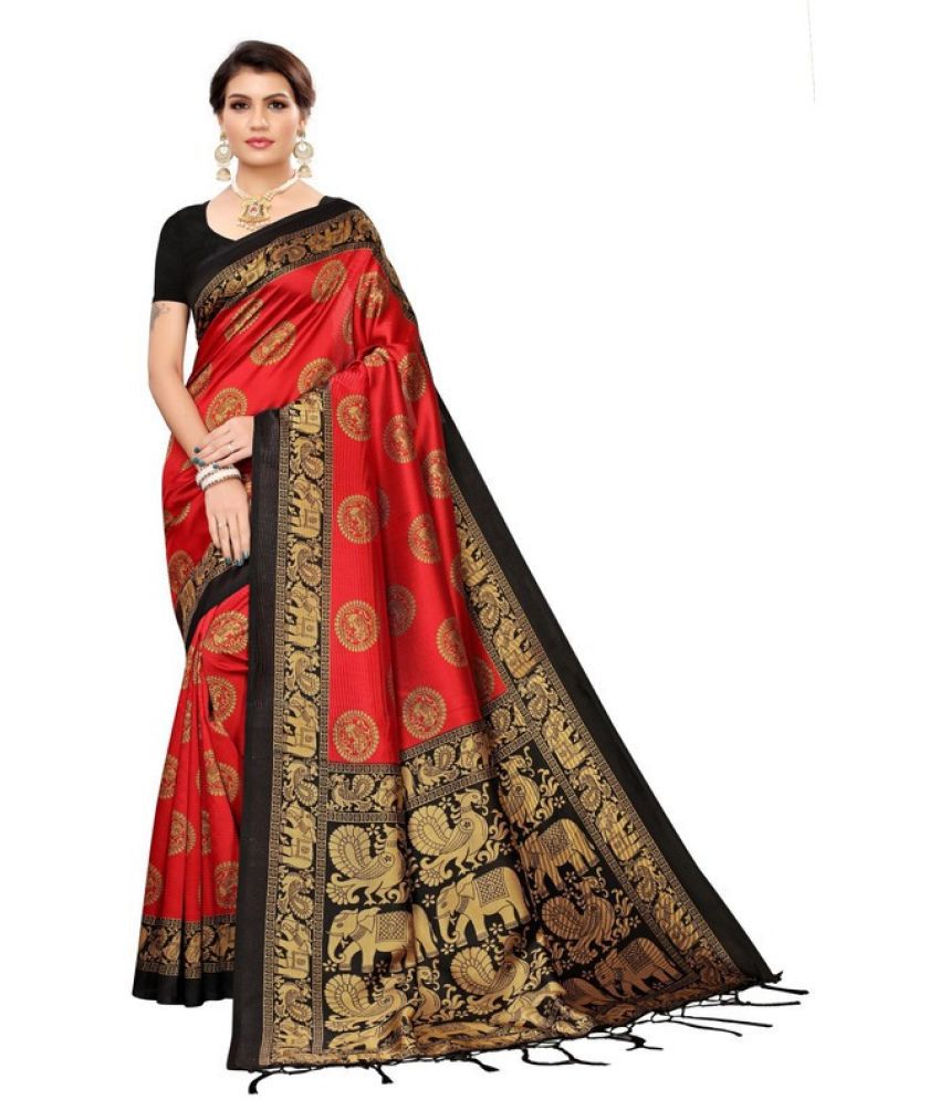     			Vkaran Cotton Silk Colorblock Saree With Blouse Piece - Red ( Pack of 1 )