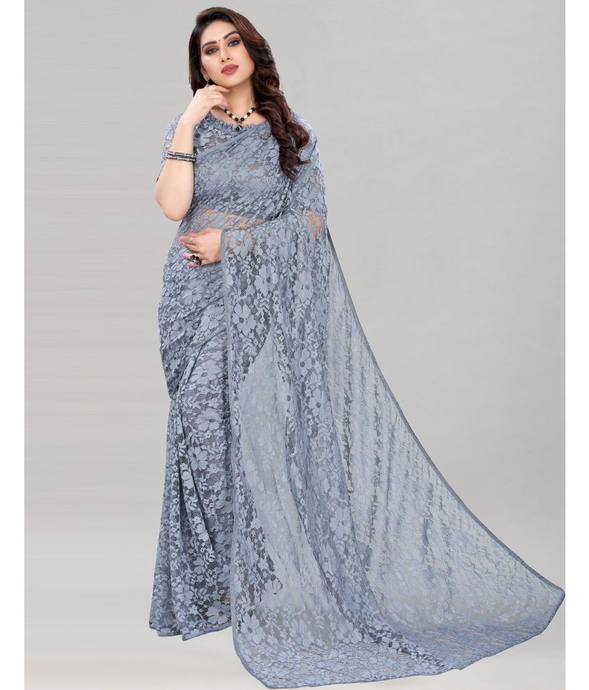     			Vkaran Net Cut Outs Saree Without Blouse Piece - Grey ( Pack of 1 )