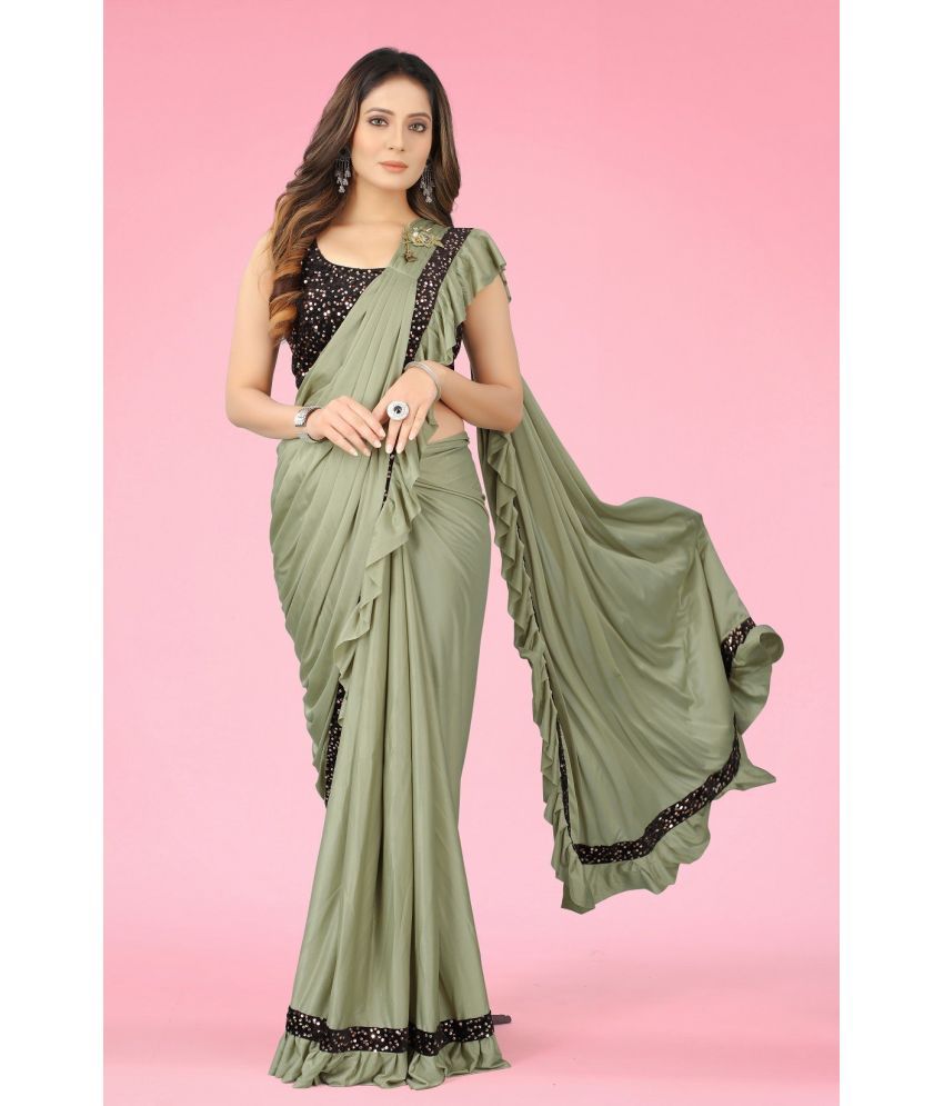     			Vkaran Net Cut Outs Saree Without Blouse Piece - Mint Green ( Pack of 1 )