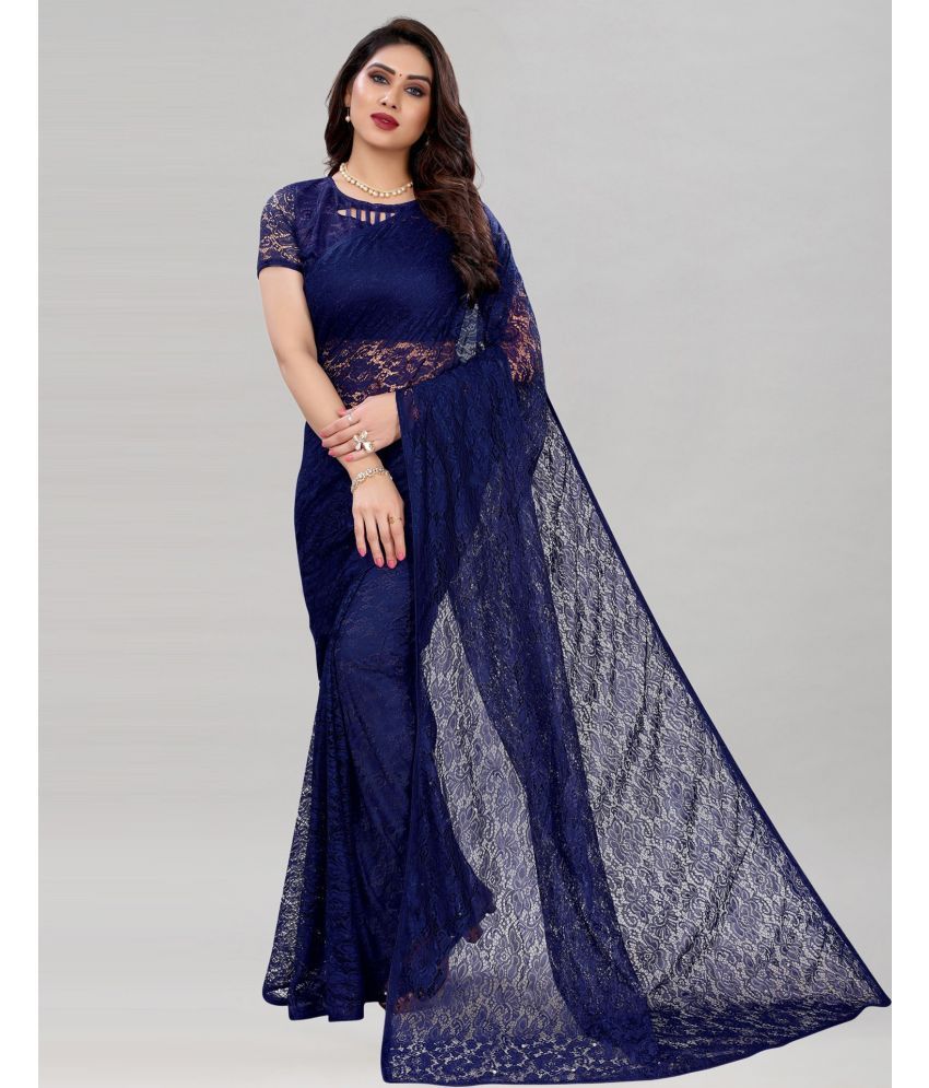     			Vkaran Net Cut Outs Saree Without Blouse Piece - Navy Blue ( Pack of 1 )