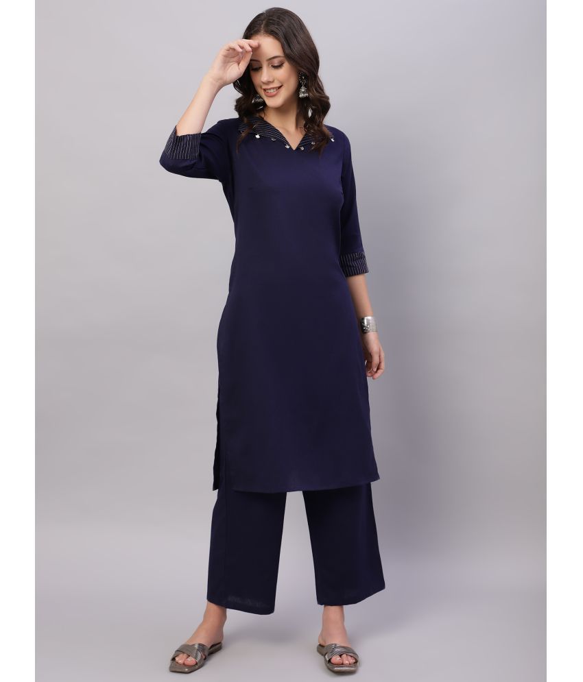     			Flamboyant Cotton Solid Kurti With Pants Women's Stitched Salwar Suit - Navy Blue ( Pack of 1 )