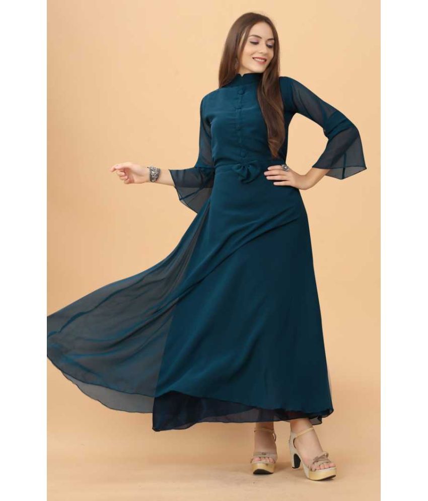     			Krunal Raiyani Georgette Solid Ankle Length Women's Fit & Flare Dress - Blue ( Pack of 1 )