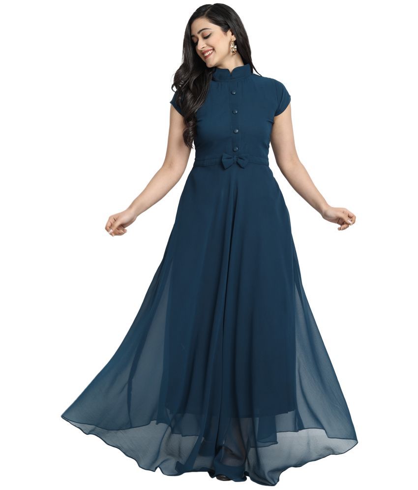     			Krunal Raiyani Georgette Solid Full Length Women's Fit & Flare Dress - Blue ( Pack of 1 )