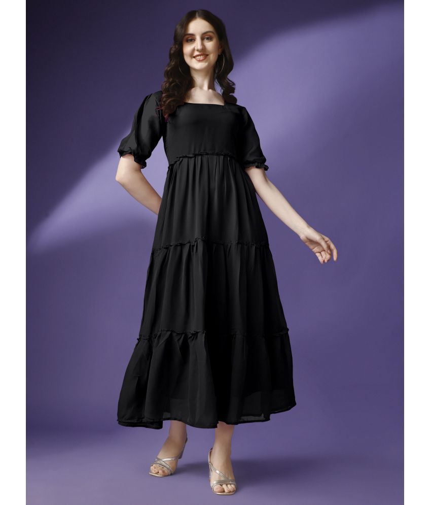     			Krunal Raiyani Georgette Solid Midi Women's Fit & Flare Dress - Black ( Pack of 1 )