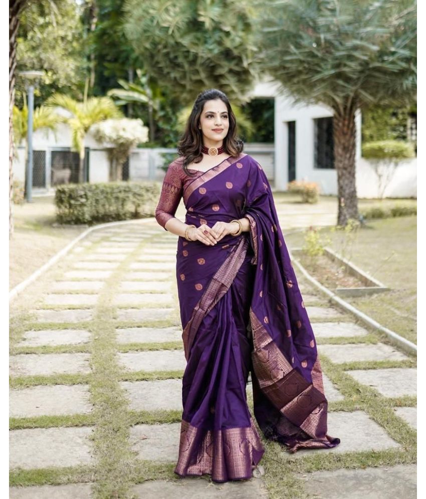     			MT Madhav Textiles Art Silk Woven Saree With Blouse Piece - Purple ( Pack of 1 )