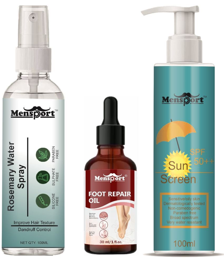     			Mensport Rosemary Water | Hair Spray For Hair Regrowth 100ml, Foot Repair Oil 30ml & Sunscreen Cream with SPF 50++ 100ml - Set of 3 Items