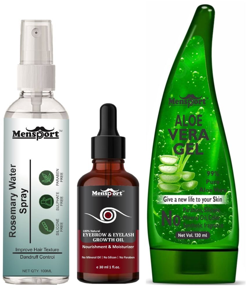     			Mensport Rosemary Water | Hair Spray For Hair Regrowth 100ml, Eyebrow And Eyelash Growth Oil 30ml & Natural Aloe Vera Gel 130ml - Set of 3 Items