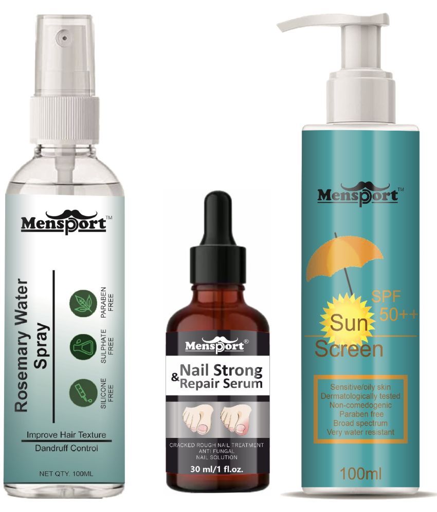     			Mensport Rosemary Water | Hair Spray For Hair Regrowth 100ml, Nail Strong and Repair Serum 30ml & Sunscreen Cream with SPF 50++ 100ml - Set of 3 Items