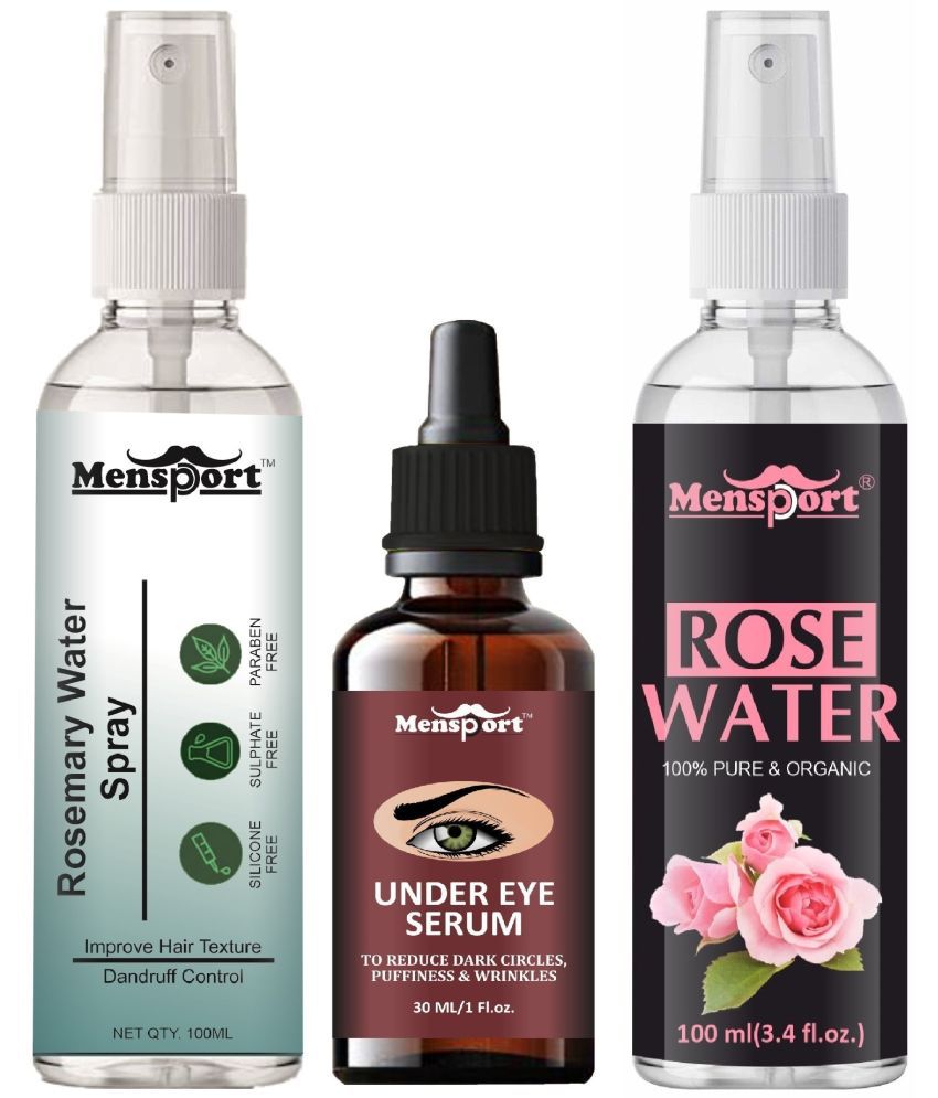     			Mensport Rosemary Water | Hair Spray For Hair Regrowth 100ml, Under Eye Serum (Dark Circle Remover) 30ml & Natural Rose Water 100ml - Set of 3 Items