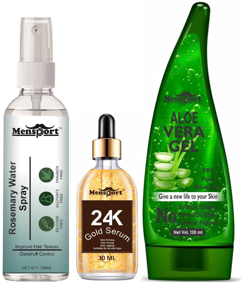     			Mensport Rosemary Water | Hair Spray For Hair Regrowth 100ml, 24K Gold Serum for Anti Ageing 30ml & Natural Aloe Vera Gel 130ml - Set of 3 Items