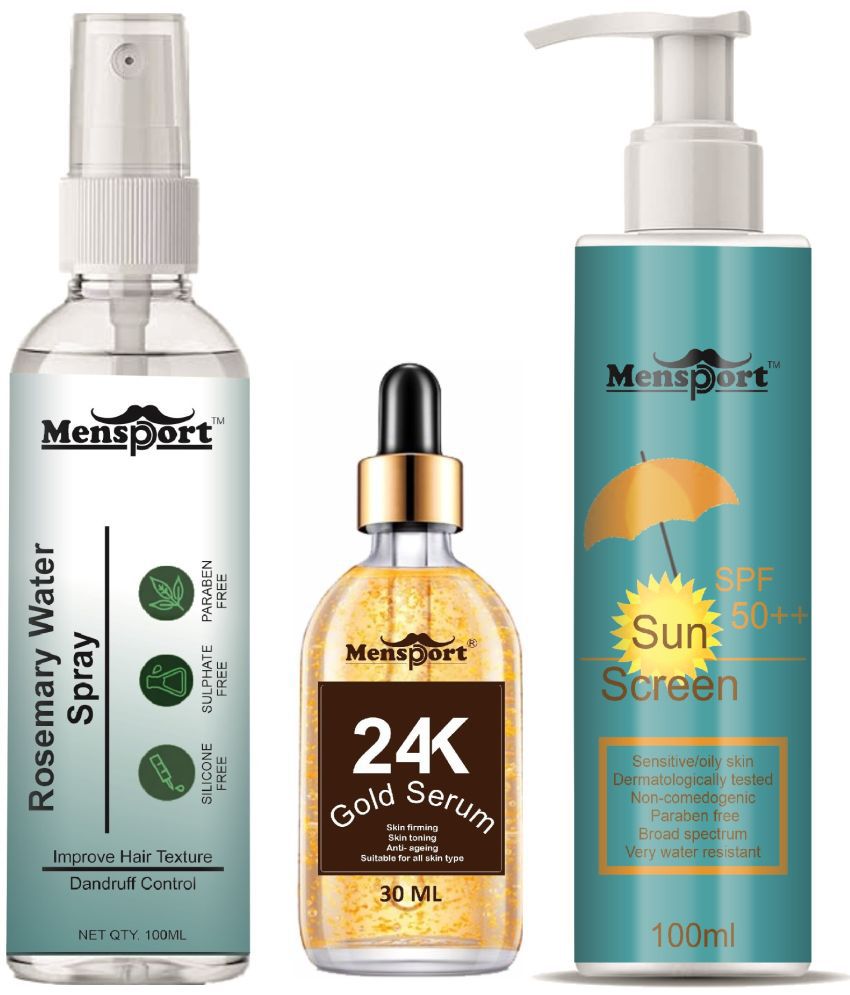     			Mensport Rosemary Water | Hair Spray For Hair Regrowth 100ml, 24K Gold Serum for Anti Ageing 30ml & Sunscreen Cream with SPF 50++ 100ml - Set of 3 Items
